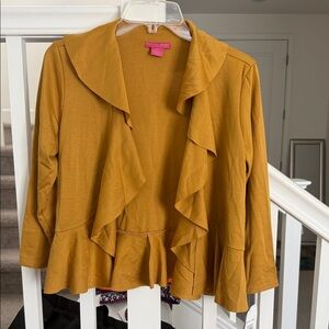 Sunny Leigh Mustard Yellow Ruffled Open Front Blazer